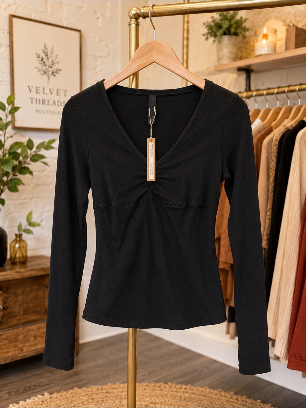 NWT SKIMS Cotton Jersey Shirred Long Sleeve Top Soot Black Size Small
